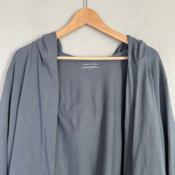 Eileen Fisher Hooded Cardigan Women Size L Organic Cotton Open Front Boho Blue - Picture 4 of 10